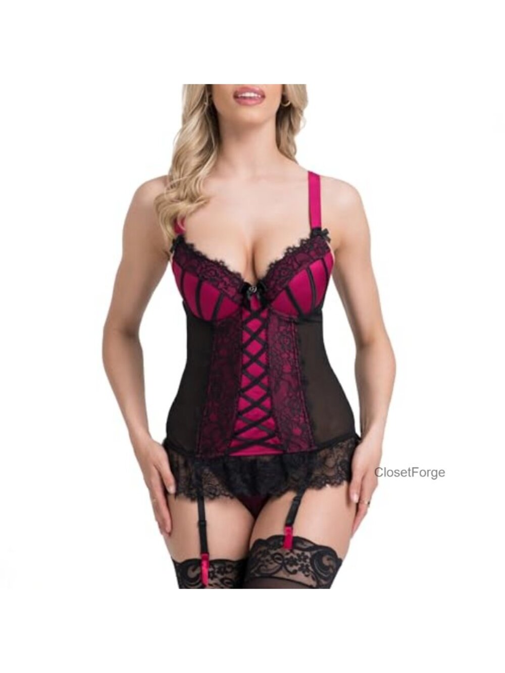 Satin Lace Push Up Basque Set G-String Garter Straps